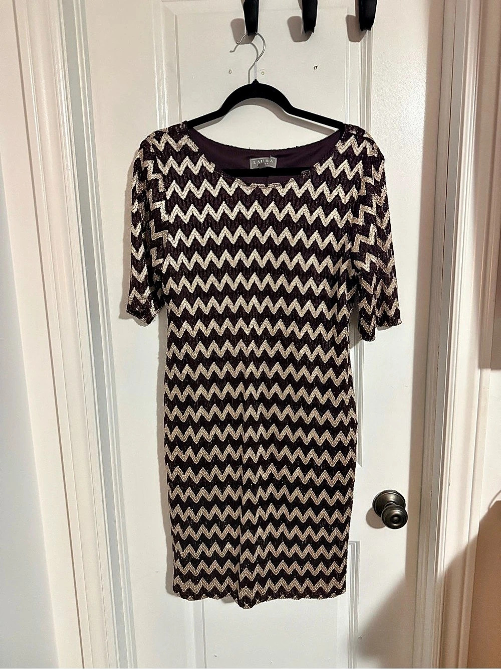 Laura Petites Geometric Mini Dress in Purple & Gold Size 14